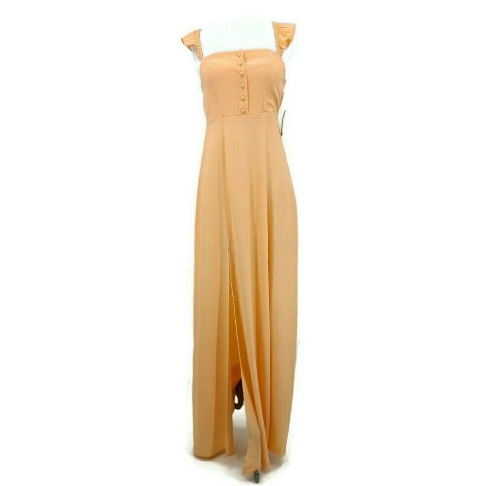 New Flynn Skye Peach Bardot Dress Womens Xs Maxi Rayon Slit Off Shoulder
